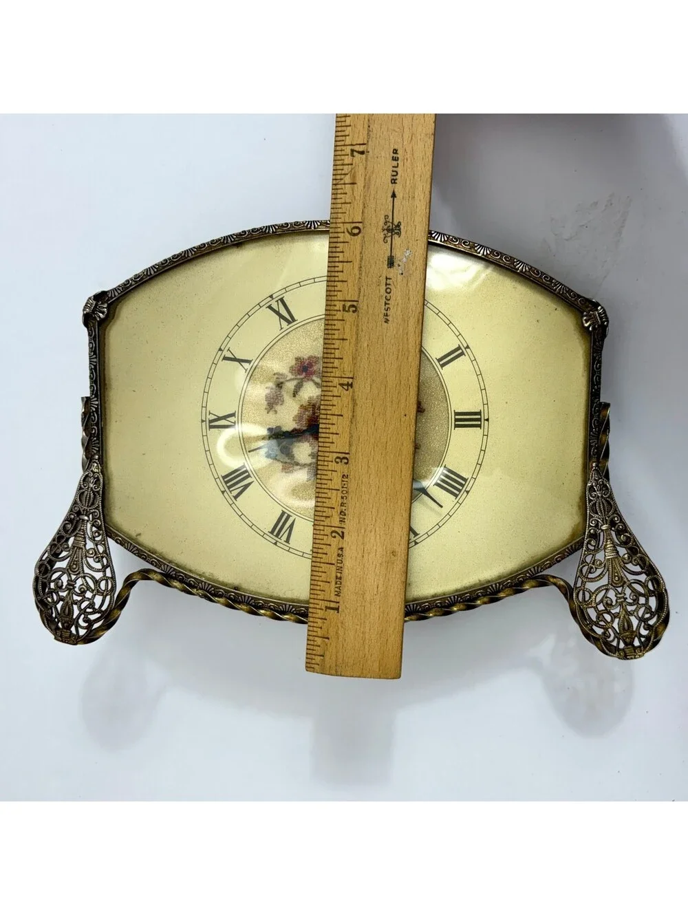 Antique Filigree Brass Table Clock with Floral Petit Point Flowers